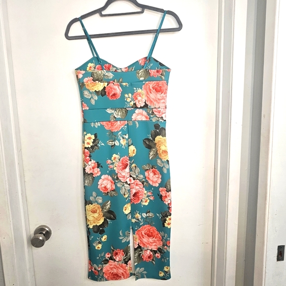 Teal Tropical Flower Midi Dress - Picture 2 of 11